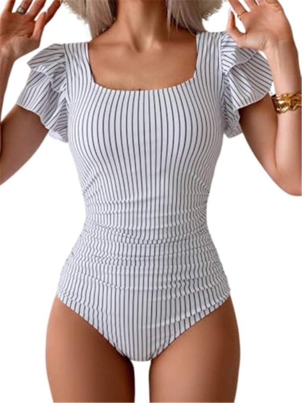Womens Ruffle One Piece Swimsuit Square Neck Tummy Control Bathing Suit